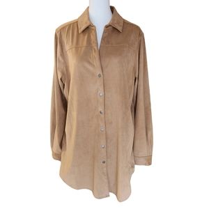 Foxcroft Faux Suede Tan Shacket Button Up 14 Large